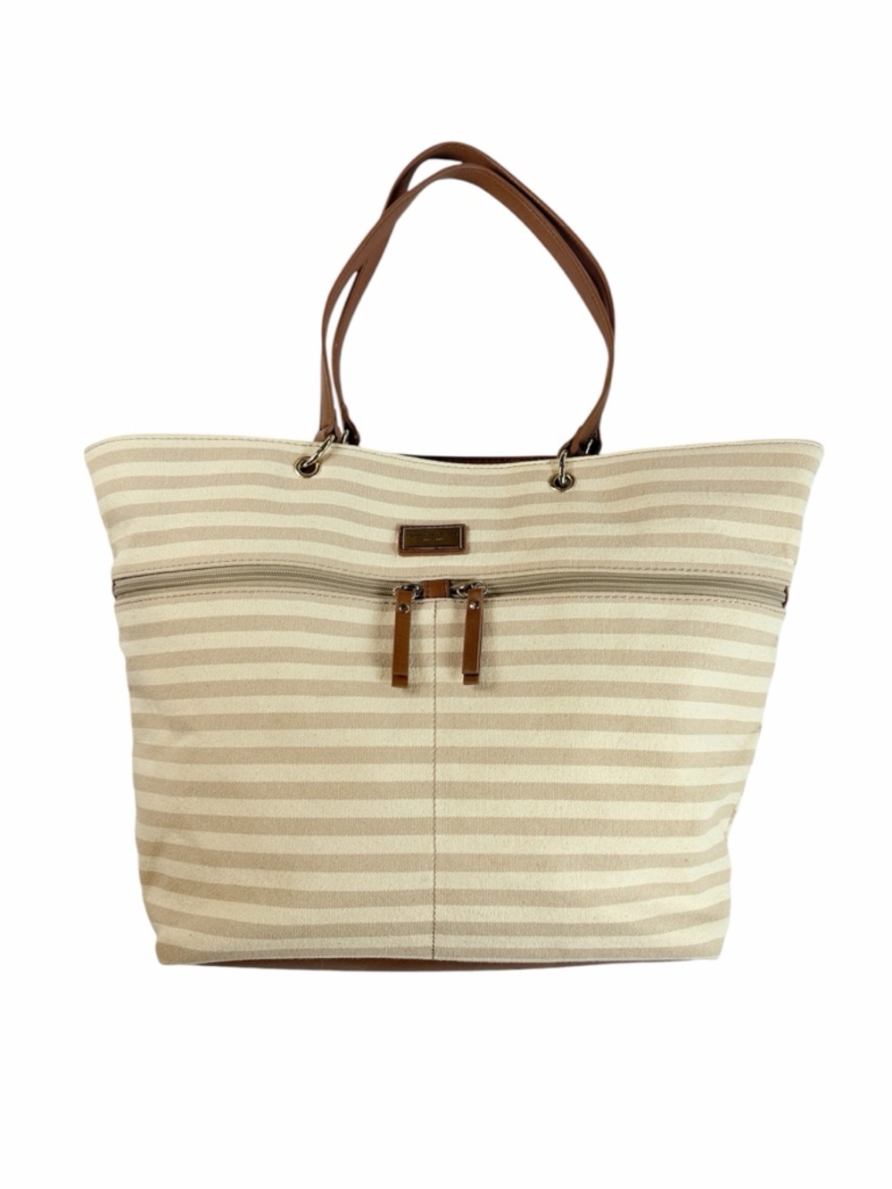 Tommy Hilfiger Beige and Cream‎ Striped Canvas Tote Brown Handles Beach Work